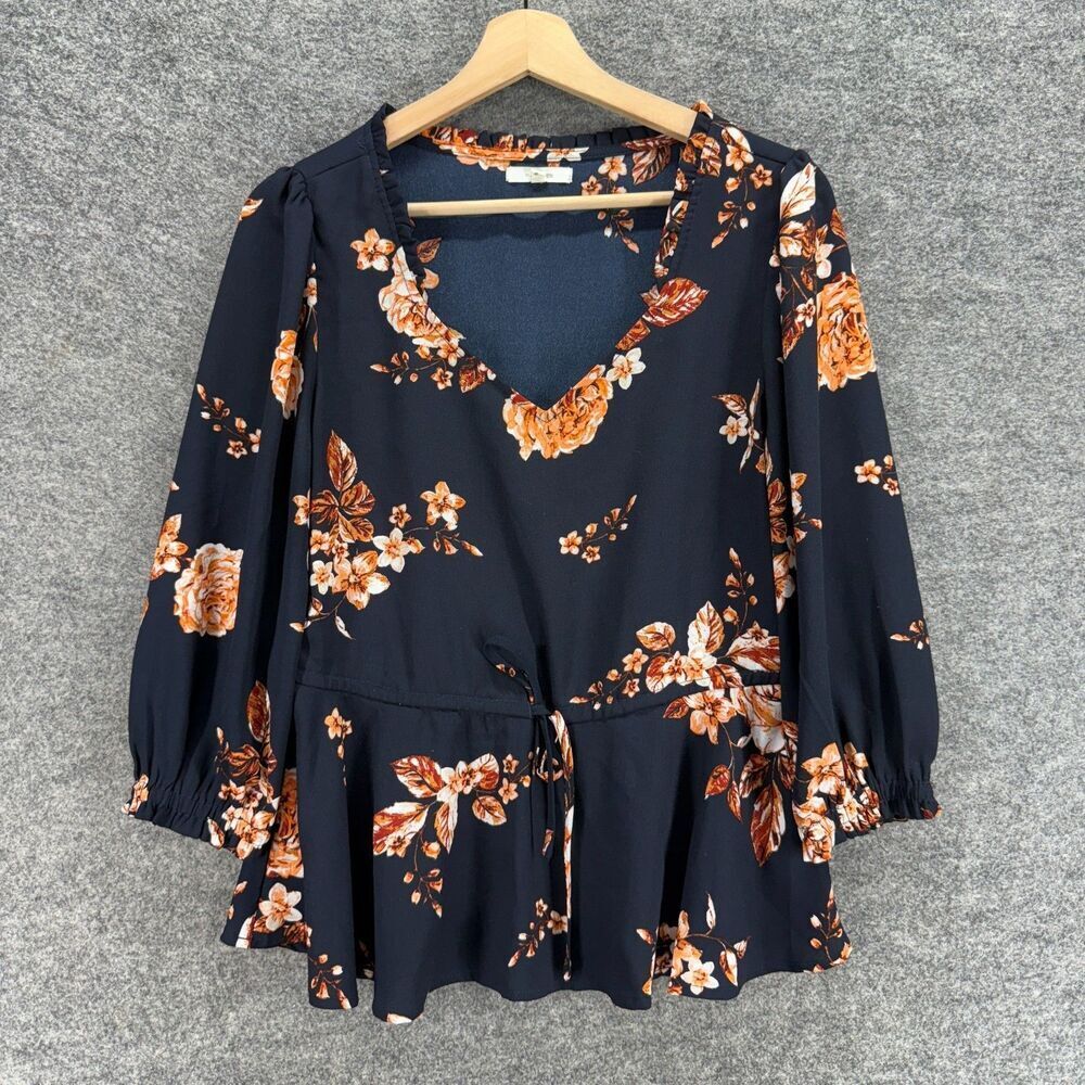 Maurices Blouse Women S Small Blue Floral V-Neck Long Sleeve Elastic Waist